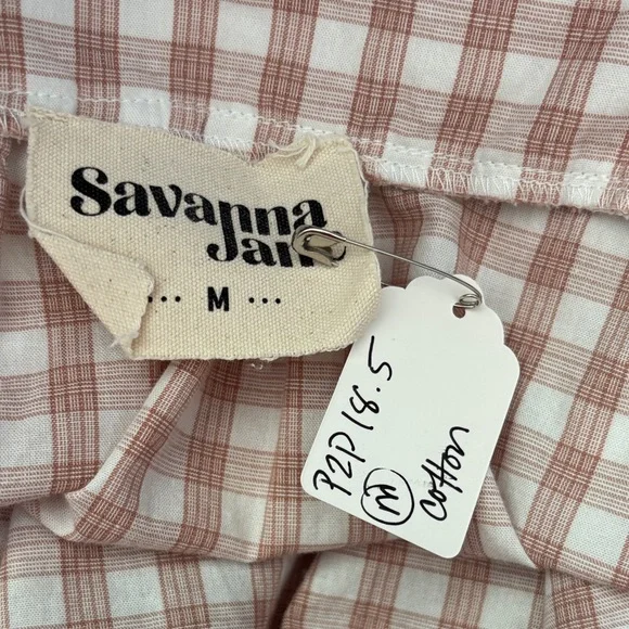 Savanna Jane Beige Gingham Embroidered Square-Neck Women's Top Medium - Picture 7 of 7